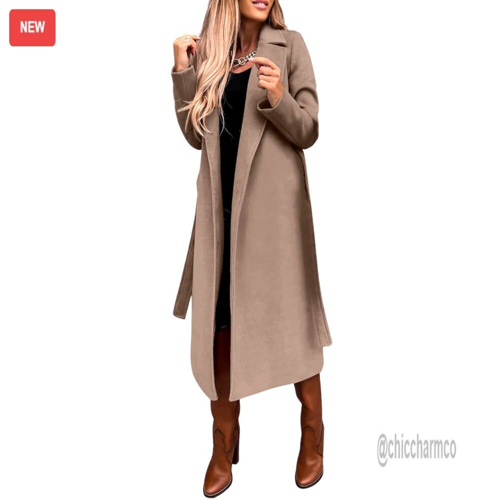 Long Wool Pea Coat with Belt, Notched Collar, Open Front Trench Style